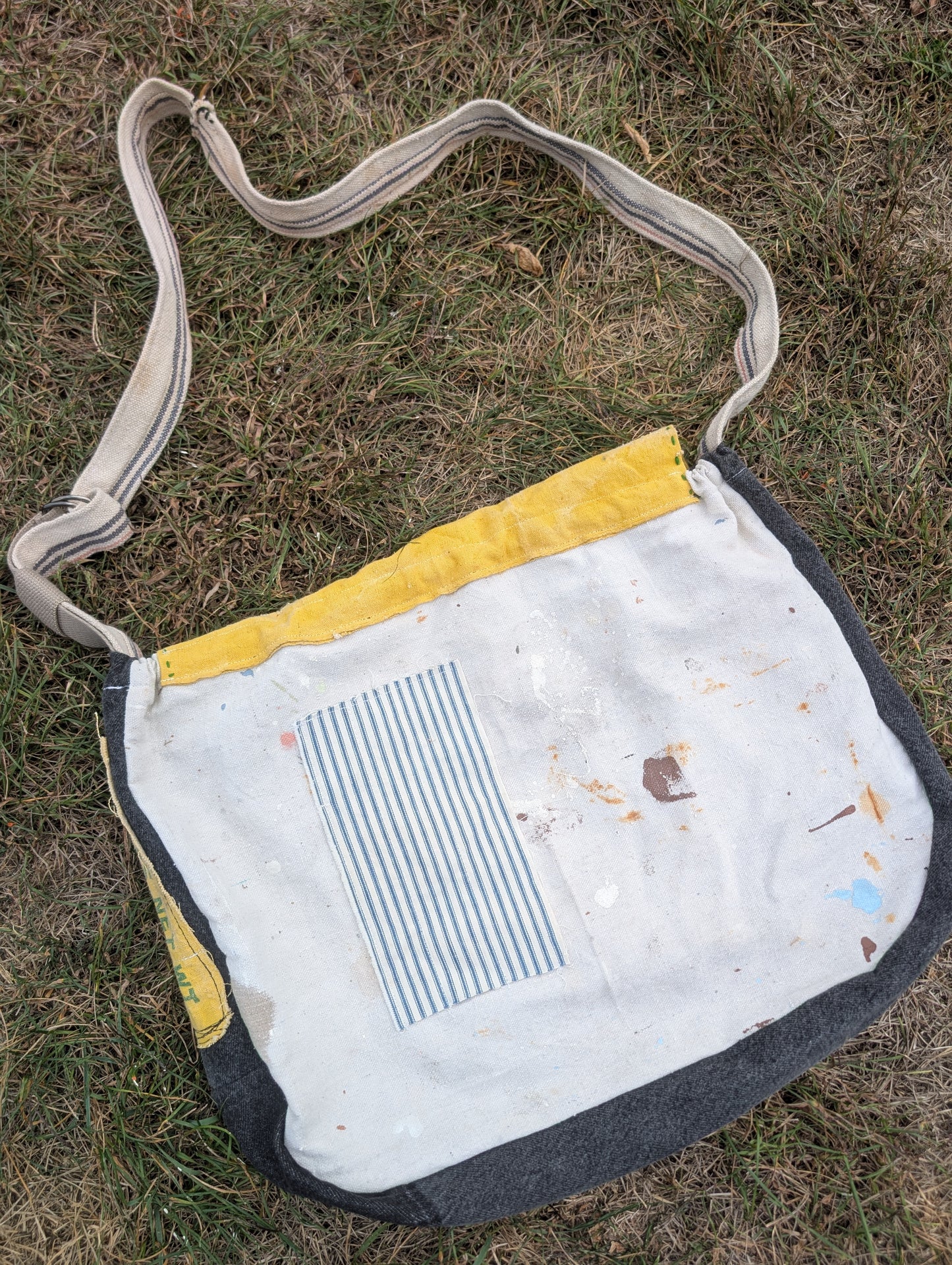 Feed Sack Denim Painters Cloth Ticking Stripe Cross Body Bag